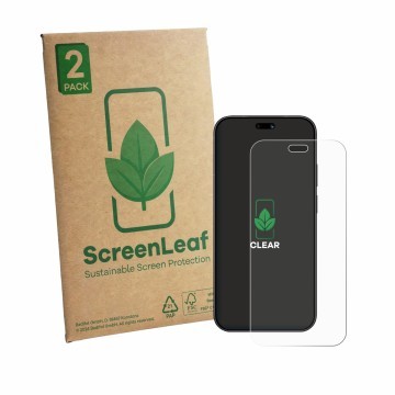 Parte frontal de un envase de producto con el logotipo de la marca ScreenLeaf. Al lado se muestra el dispositivo Huawei Pura 9