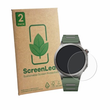 Front side of a product packaging with the brand logo ScreenLeaf. Next to it is the device OnePlus Watch 4 shown with the corr