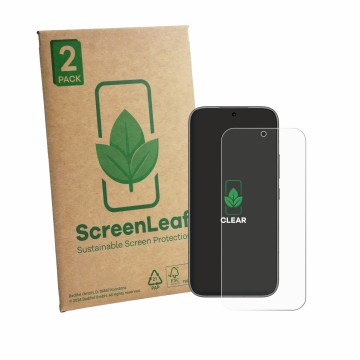 Front side of a product packaging with the brand logo ScreenLeaf. Next to it is the device Honor 600 Pro shown with the corres