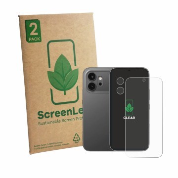 Vorderseite einer Produktverpackung mit dem Markenlogo ScreenLeaf. Daneben ist das Gerät Honor 600 (Display+Kamera) mit dem zu