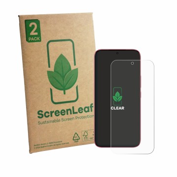 Parte frontal de un envase de producto con el logotipo de la marca ScreenLeaf. Al lado se muestra el dispositivo Infinix GT 50