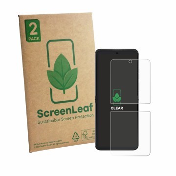 Parte frontal de un envase de producto con el logotipo de la marca ScreenLeaf. Al lado se muestra el dispositivo Motorola Razr