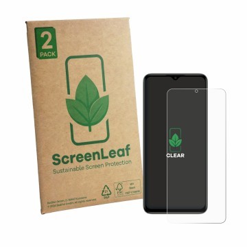 Vorderseite einer Produktverpackung mit dem Markenlogo ScreenLeaf. Daneben ist das Gerät Itel Zeno 100 mit dem zugehörigen Dis