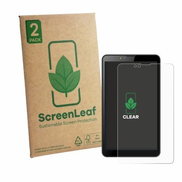 Vorderseite einer Produktverpackung mit dem Markenlogo ScreenLeaf. Daneben ist das Gerät Brave BT7X1 mit dem zugehörigen Displ