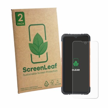 Front side of a product packaging with the brand logo ScreenLeaf. Next to it is the device Cubot KingKong Ace 5 shown with the