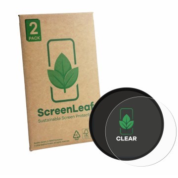 Face avant d’un emballage produit avec le logo de la marque ScreenLeaf. À côté, l’appareil Triumph Scrambler 900 2026 est repr