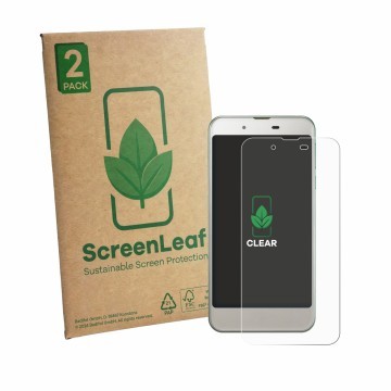 Parte frontal de un envase de producto con el logotipo de la marca ScreenLeaf. Al lado se muestra el dispositivo Sharp Aquos S