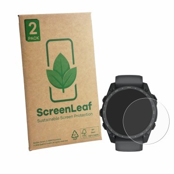 Parte frontale di una confezione del prodotto con il logo del marchio ScreenLeaf. Accanto è raffigurato il dispositivo Garmin 
