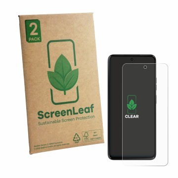 Face avant d’un emballage produit avec le logo de la marque ScreenLeaf. À côté, l’appareil Motorola Moto G47 est représenté av