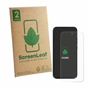 Face avant d’un emballage produit avec le logo de la marque ScreenLeaf. À côté, l’appareil Motorola Moto G87 est représenté av