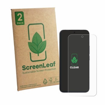 Face avant d’un emballage produit avec le logo de la marque ScreenLeaf. À côté, l’appareil Xiaomi 17T Pro est représenté avec 