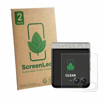 Face avant d’un emballage produit avec le logo de la marque ScreenLeaf. À côté, l’appareil Motorola Razr 70 (Affichage arrière