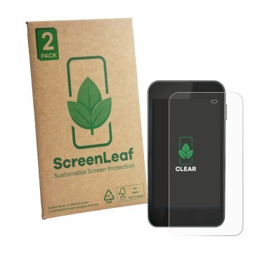 Front side of a product packaging with the brand logo ScreenLeaf. Next to it is the device Equil Patch 200U shown with the cor
