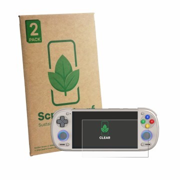 Face avant d’un emballage produit avec le logo de la marque ScreenLeaf. À côté, l’appareil Retroid Pocket 6 est représenté ave