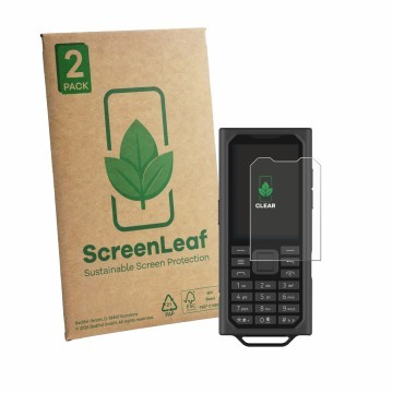 Vorderseite einer Produktverpackung mit dem Markenlogo ScreenLeaf. Daneben ist das Gerät HMD Terra M mit dem zugehörigen Displ