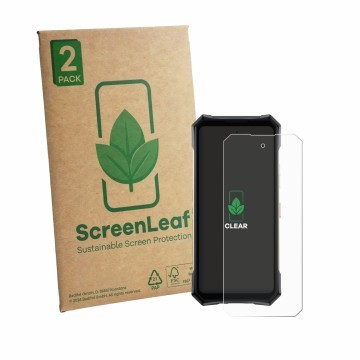 Front side of a product packaging with the brand logo ScreenLeaf. Next to it is the device Doogee S300 Pro shown with the corr