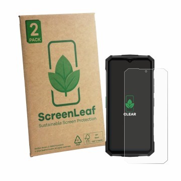 Vorderseite einer Produktverpackung mit dem Markenlogo ScreenLeaf. Daneben ist das Gerät Doogee Fire 7 Pro mit dem zugehörigen