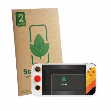 Front side of a product packaging with the brand logo ScreenLeaf. Next to it is the device My Arcade Atari Gamestation Go Port