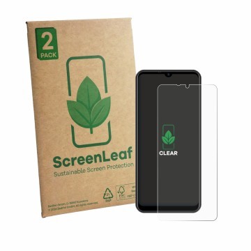 Front side of a product packaging with the brand logo ScreenLeaf. Next to it is the device Invens NOTE TK02 shown with the cor