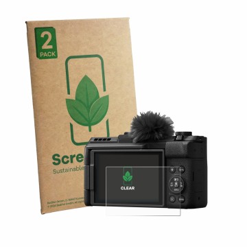 Vorderseite einer Produktverpackung mit dem Markenlogo ScreenLeaf. Daneben ist das Gerät Canon PowerShot V1 Premium mit dem zu