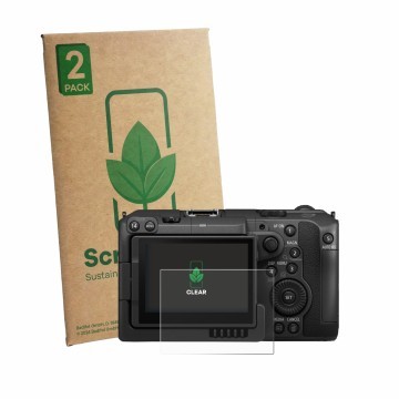 Front side of a product packaging with the brand logo ScreenLeaf. Next to it is the device Canon EOS C50 shown with the corres