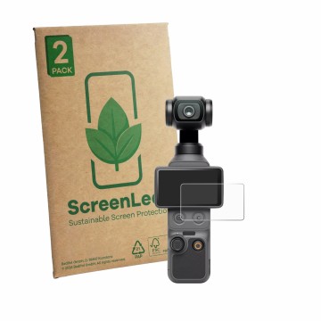 Parte frontal de un envase de producto con el logotipo de la marca ScreenLeaf. Al lado se muestra el dispositivo DJI Osmo Pock