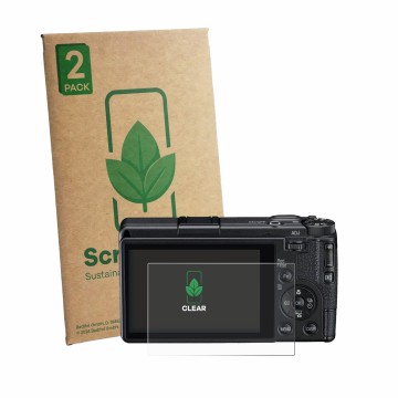 Front side of a product packaging with the brand logo ScreenLeaf. Next to it is the device Ricoh GR IV Monochrome shown with t
