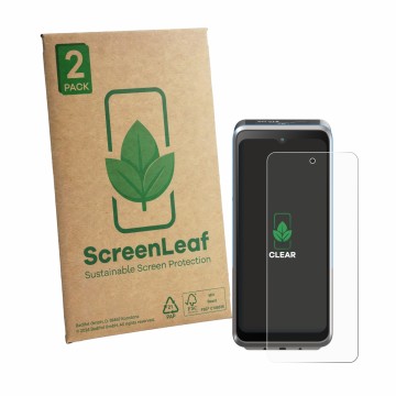 Front side of a product packaging with the brand logo ScreenLeaf. Next to it is the device ingenico Axium DX8 shown with the c