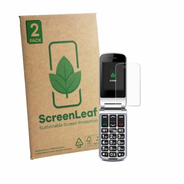 Front side of a product packaging with the brand logo ScreenLeaf. Next to it is the device Sweetlink F1PLUS shown with the cor