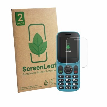 Front side of a product packaging with the brand logo ScreenLeaf. Next to it is the device Uleway T185 shown with the correspo