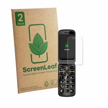 Vorderseite einer Produktverpackung mit dem Markenlogo ScreenLeaf. Daneben ist das Gerät Guwet G739 mit dem zugehörigen Displa