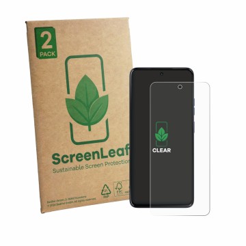 Parte frontale di una confezione del prodotto con il logo del marchio ScreenLeaf. Accanto è raffigurato il dispositivo Motorol