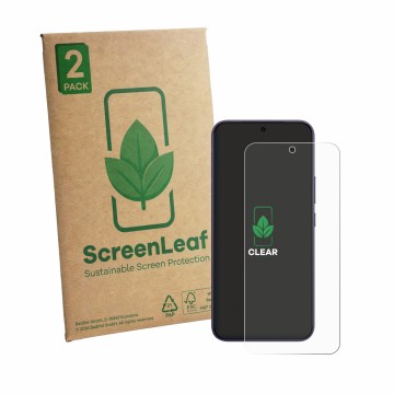Parte frontal de un envase de producto con el logotipo de la marca ScreenLeaf. Al lado se muestra el dispositivo Vivo Y600 Pro