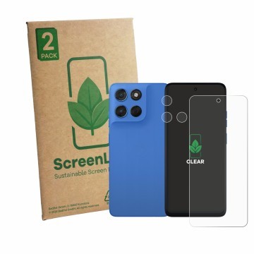Face avant d’un emballage produit avec le logo de la marque ScreenLeaf. À côté, l’appareil Motorola Moto G57 (Avant+Caméra) es