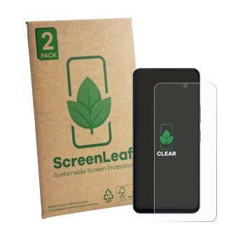 Parte frontale di una confezione del prodotto con il logo del marchio ScreenLeaf. Accanto è raffigurato il dispositivo Itel Ze