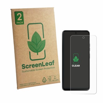 Face avant d’un emballage produit avec le logo de la marque ScreenLeaf. À côté, l’appareil Motorola Moto G37 est représenté av