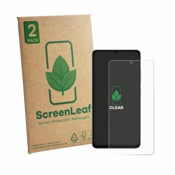 Parte frontal de un envase de producto con el logotipo de la marca ScreenLeaf. Al lado se muestra el dispositivo Lava Bold N2 
