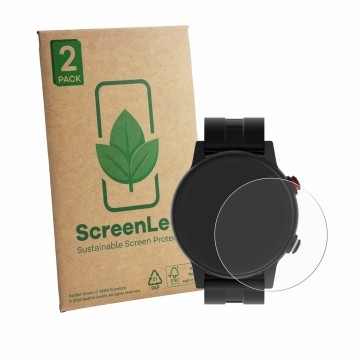 Parte frontal de un envase de producto con el logotipo de la marca ScreenLeaf. Al lado se muestra el dispositivo James R9 con 