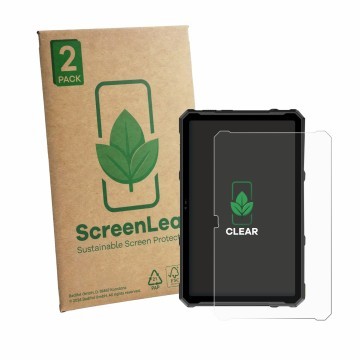 Parte frontal de un envase de producto con el logotipo de la marca ScreenLeaf. Al lado se muestra el dispositivo Ulefone Armor