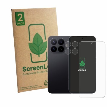 Face avant d’un emballage produit avec le logo de la marque ScreenLeaf. À côté, l’appareil Xiaomi 17T Pro (Avant+Caméra) est r