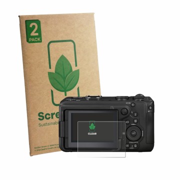 Face avant d’un emballage produit avec le logo de la marque ScreenLeaf. À côté, l’appareil Canon EOS R6 V est représenté avec 