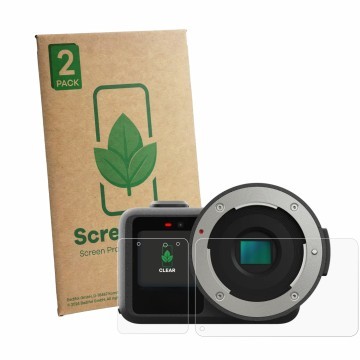 Front side of a product packaging with the brand logo ScreenLeaf. Next to it is the device GoPro Mission 1 Pro ILS shown with 