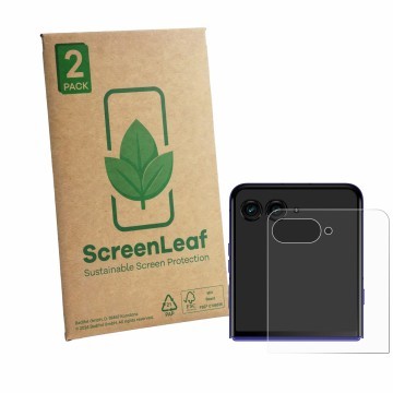 Face avant d’un emballage produit avec le logo de la marque ScreenLeaf. À côté, l’appareil Motorola Razr 70 Ultra (Affichage a