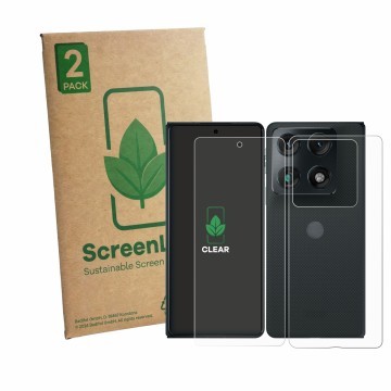 Parte frontale di una confezione del prodotto con il logo del marchio ScreenLeaf. Accanto è raffigurato il dispositivo Motorol