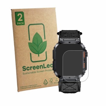 Parte frontal de un envase de producto con el logotipo de la marca ScreenLeaf. Al lado se muestra el dispositivo Megalith K57P