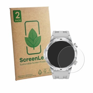 Vorderseite einer Produktverpackung mit dem Markenlogo ScreenLeaf. Daneben ist das Gerät FitVigor Smartwatch 1.53