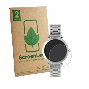 Parte frontal de un envase de producto con el logotipo de la marca ScreenLeaf. Al lado se muestra el dispositivo ZenWatch Lily