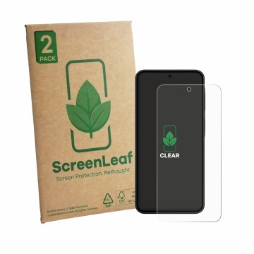 Face avant d’un emballage produit avec le logo de la marque ScreenLeaf. À côté, l’appareil Samsung Galaxy A27 5G est représent