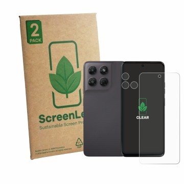 Vorderseite einer Produktverpackung mit dem Markenlogo ScreenLeaf. Daneben ist das Gerät Motorola Moto G37 (Display+Kamera) mi