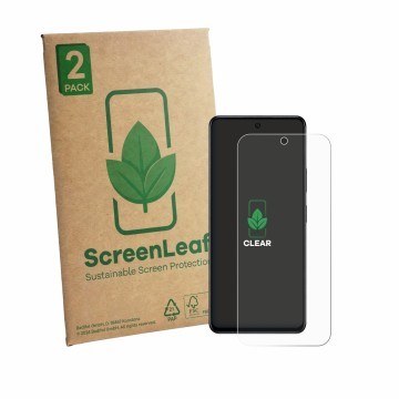 Vorderseite einer Produktverpackung mit dem Markenlogo ScreenLeaf. Daneben ist das Gerät Infinix Hot 70 mit dem zugehörigen Di